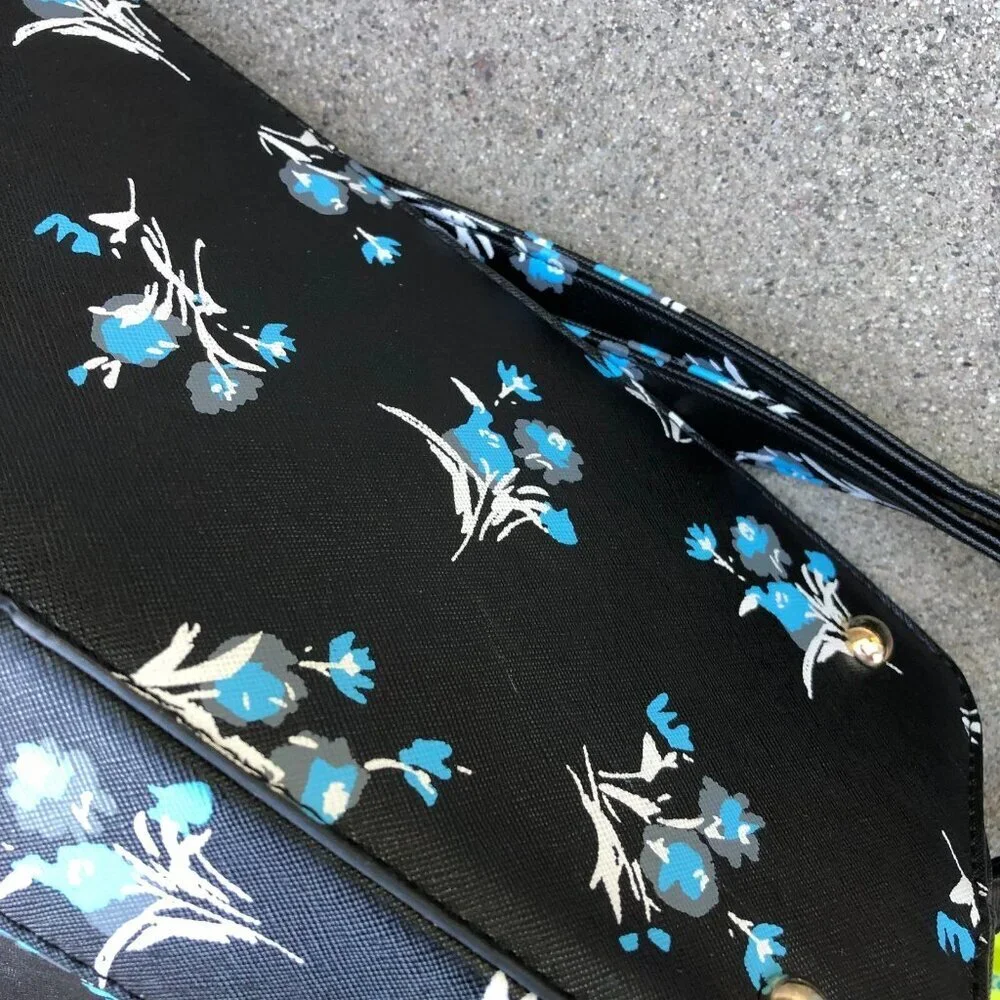 Faux Leather Purse Shoulder Top Handle Bowling Bag Black Floral 3 Compartment​​ - Picture 9 of 16